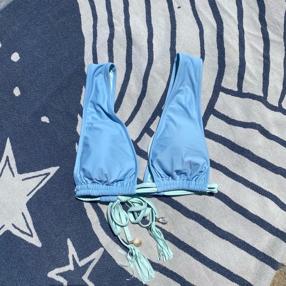 Aerie Boho Whimsy Coastal Fairycore Blue Shell Tassel Bikini Top w Tie Back Sz L